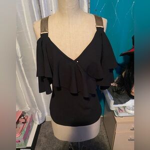 Black top sexy ,fitted.  Gold mesh shoulder straps. M/l